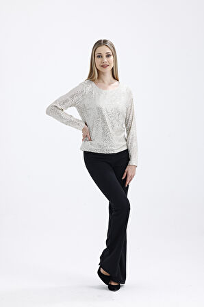 İçi Astarlı Pul Payet Abiye Bluz | Blz35497 Bej