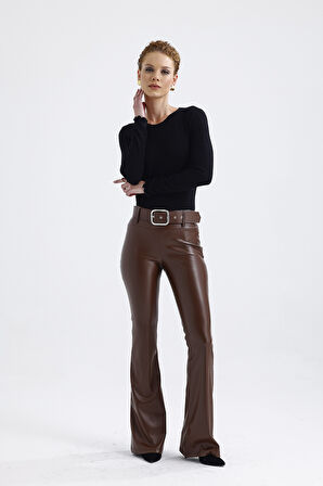 Kemerli İspanyol Paça Suni Deri Pantolon PNT33313 ÇİKOLATA