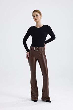 Kemerli İspanyol Paça Suni Deri Pantolon PNT33313 ÇİKOLATA