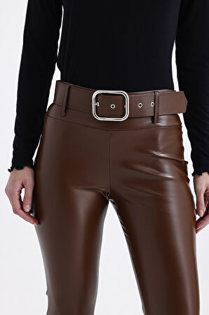 Kemerli İspanyol Paça Suni Deri Pantolon PNT33313 ÇİKOLATA