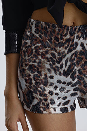 Esnek Bel Astarlı pul Payet Abiye Şort | ŞRT36032 Kaplan