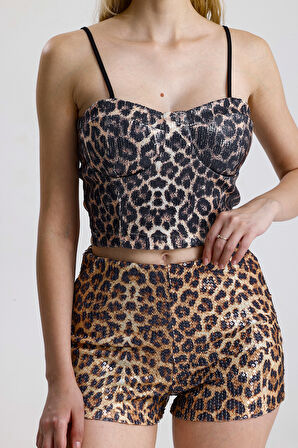 Esnek Bel Astarlı pul Payet Abiye Şort | ŞRT36032 KZIL LEOPAR