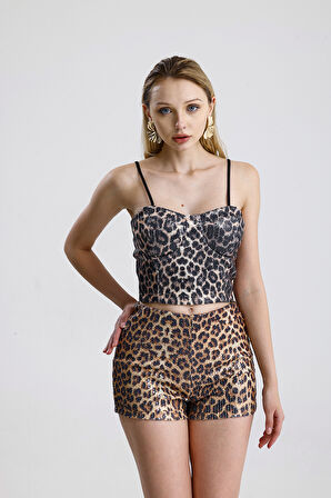 Esnek Bel Astarlı pul Payet Abiye Şort | ŞRT36032 KZIL LEOPAR