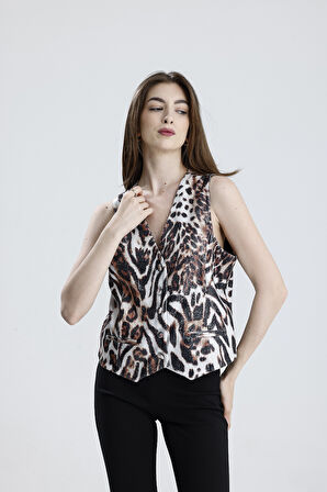 FİLOTA CEPLİ PAYET UZUN ABİYE  YELEK | YLK35892 Kaplan