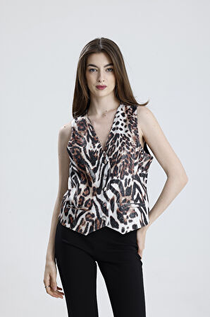 FİLOTA CEPLİ PAYET UZUN ABİYE  YELEK | YLK35892 Kaplan