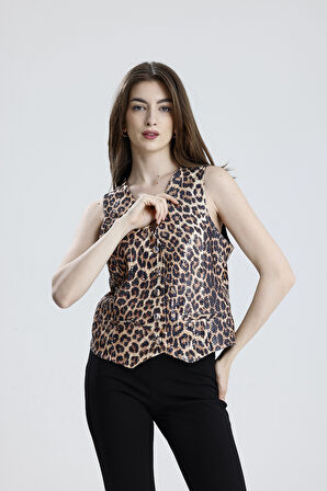 FİLOTA CEPLİ PAYET UZUN ABİYE  YELEK | YLK35892 KZIL LEOPAR