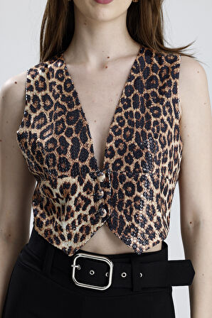 Astarlı Kumaş Kaplama Düğmeli Payet Abiye Yelek | Ylk36126 KZIL LEOPAR