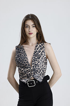 Astarlı Kumaş Kaplama Düğmeli Payet Abiye Yelek | Ylk36126 Siyah Bej Leopar