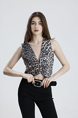 Astarlı Kumaş Kaplama Düğmeli Payet Abiye Yelek | Ylk36126 Siyah Bej Leopar