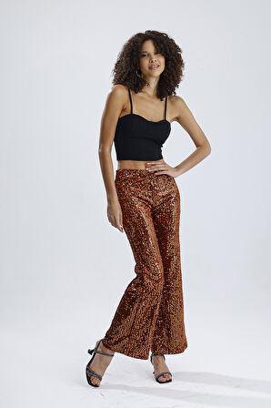 Astarlı Lastikli Geniş Paça Payetli Abiye Pantolon | Pnt33970 Kahve