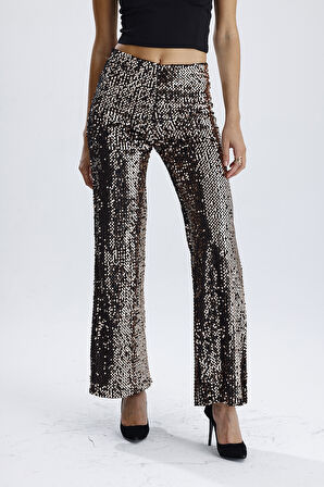 Astarlı Lastikli Geniş Paça Payetli Abiye Pantolon | Pnt33970 Siyah Bakır