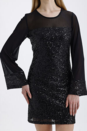 Astarlı Üst Roba Ve Kollar Likralı Tül Garnili Abiye Payet Elbise | ELB36089 Siyah