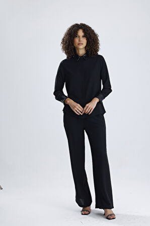 Payet Detaylı Uzun Kol Dubai Gömlek Geniş Beden Aralığı | GML36083 Siyah