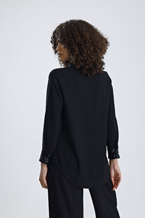 Payet Detaylı Uzun Kol Dubai Gömlek Geniş Beden Aralığı | GML36083 Siyah