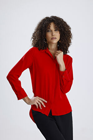 Dubai Kumaş Uzun Kol Gizli Pat Kadın Gömlek | GML36145 Kırmızı