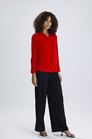 Dubai Kumaş Uzun Kol Gizli Pat Kadın Gömlek | GML36145 Kırmızı