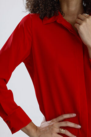 Dubai Kumaş Uzun Kol Gizli Pat Kadın Gömlek | GML36145 Kırmızı