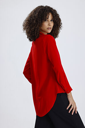 Dubai Kumaş Uzun Kol Gizli Pat Kadın Gömlek | GML36145 Kırmızı