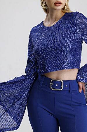 İçi Astarlı Abiye Payet Bluz| BLZ35014 Saks