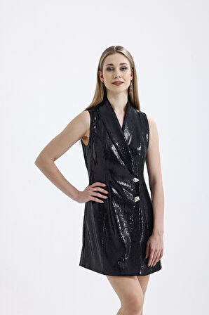 Astarlı Pulpayet Ceket Yakalı Kruvaze Abiye Ceket Elbise | ELB36091 Siyah