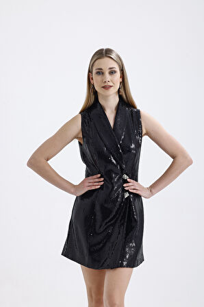 Astarlı Pulpayet Ceket Yakalı Kruvaze Abiye Ceket Elbise | ELB36091 Siyah