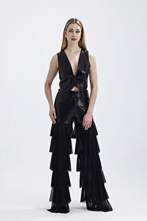 Asatrlı Siyah Işıltılı Pul İşlemeli Kat Kat Volanlı Siyah Toptan Kadın Pantolon | PNT36073 Siyah