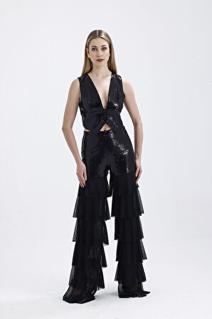 Asatrlı Siyah Işıltılı Pul İşlemeli Kat Kat Volanlı Siyah Toptan Kadın Pantolon | PNT36073 Siyah