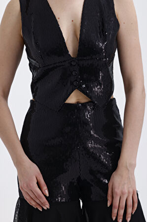 Asatrlı Siyah Işıltılı Pul İşlemeli Kat Kat Volanlı Siyah Toptan Kadın Pantolon | PNT36073 Siyah