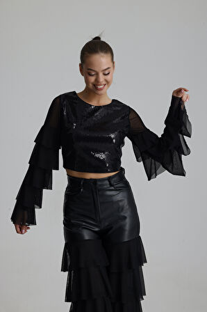 Payetli Tül Kol Crop Bluz | BUST36090 Siyah