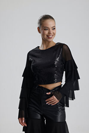 Payetli Tül Kol Crop Bluz | BUST36090 Siyah