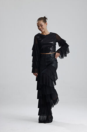 Payetli Tül Kol Crop Bluz | BUST36090 Siyah
