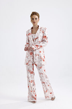 Abiye Takım Elbise | Ceket | Pantolon | Büstiyer 3 Lü Takım TK34264 Beyaz Oranj Batik