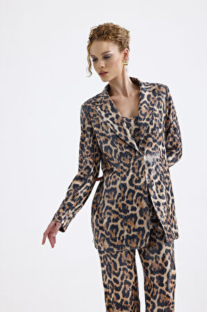 Abiye Takım Elbise | Ceket | Pantolon | Büstiyer 3 Lü Takım TK34264 Büyük Kızıl Leopar