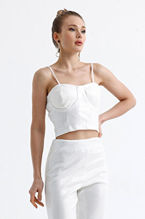 Gloplu Fermuarlı Pul Payet Bustiyer | BUS32675 Beyaz