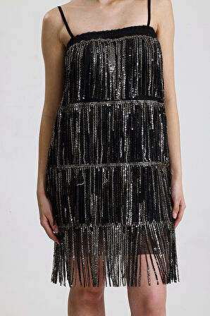 Astarlı Tül Üstüne Payet Detaylı Abiye Elbise | ELB36130 Siyah-Gold