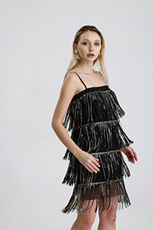 Astarlı Tül Üstüne Payet Detaylı Abiye Elbise | ELB36130 Siyah-Gold