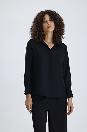 Dubai Kumaş Uzun Kol Gizli Pat Kadın Gömlek | GML36145 Siyah