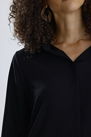 Dubai Kumaş Uzun Kol Gizli Pat Kadın Gömlek | GML36145 Siyah