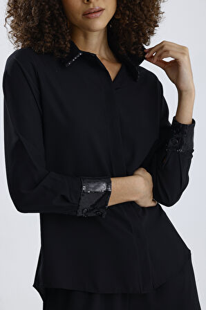 Payet Detaylı Uzun Kol Dubai Gömlek Geniş Beden Aralığı | GML36083 Siyah