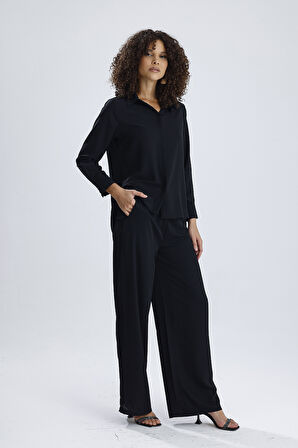 Esnek Bel Cep Detaylı  Bol Paça Dupai  Pantolon | PNT36144 Siyah