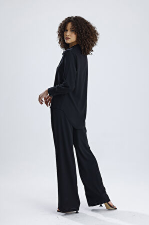 Esnek Bel Cep Detaylı  Bol Paça Dupai  Pantolon | PNT36144 Siyah