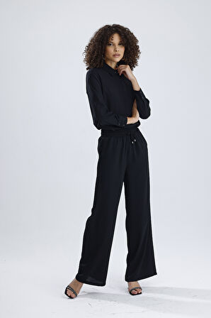 Esnek Bel Cep Detaylı  Bol Paça Dupai  Pantolon | PNT36144 Siyah