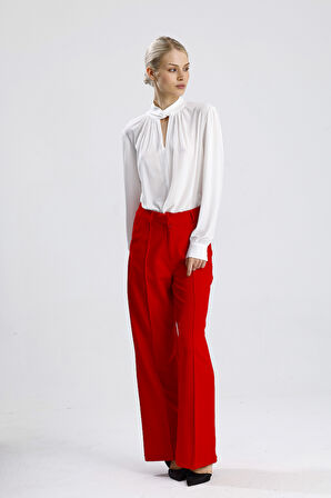 Süs Dikişli Hürrem Kumaş  Bol Paça Pantolon | Pnt34239 Kırmızı