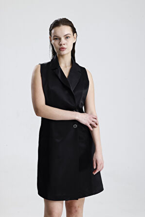 İçi Astarlı Kolsuz Saten  Ceket Elbise | ELB35733 Siyah