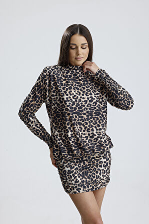Sırt Dekolte Büzgülü  Sandy Abiye Elbise | ELB36127 Leopar Desenli