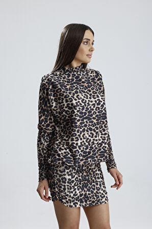 Sırt Dekolte Büzgülü  Sandy Abiye Elbise | ELB36127 Leopar Desenli