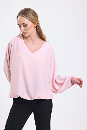 Yakası Pervazlı Etek Ucu Lastikli Jesika Bluz | Blz34815 Pudra