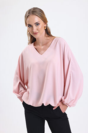 Yakası Pervazlı Etek Ucu Lastikli Jesika Bluz | Blz34815 Pudra