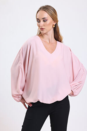 Yakası Pervazlı Etek Ucu Lastikli Jesika Bluz | Blz34815 Pudra