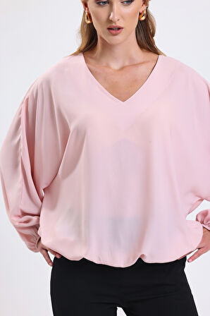Yakası Pervazlı Etek Ucu Lastikli Jesika Bluz | Blz34815 Pudra
